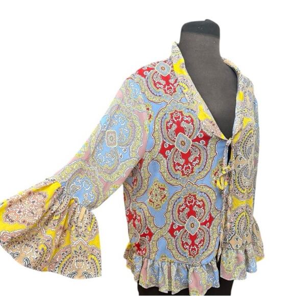 Y2K Semi Sheer Boho Colorful Bell Sleeve Ruffled Jacket XL Feminine Festival - Picture 1 of 9